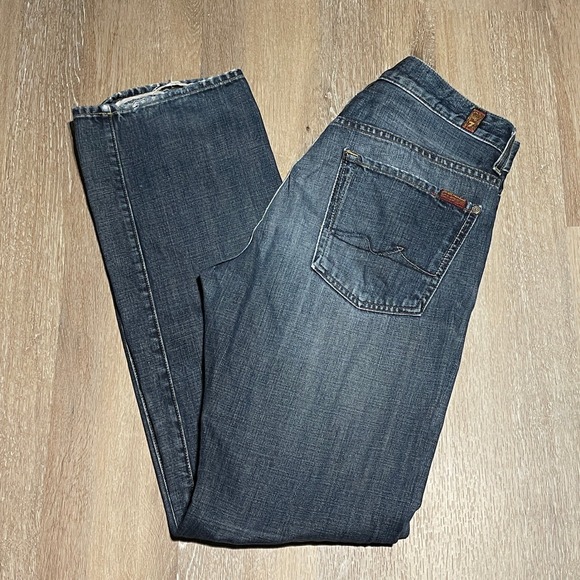7 For All Mankind Austyn Relaxed Bootcut Jeans Size 32 Men Blue Denim Distressed - Picture 1 of 11